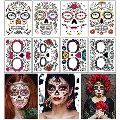 Abbildung von Tag der Toten Gesicht Tattoos, 8 Blatt Zucker Schädel temporäre Tattoos Aufkleber für Halloween Party Make up