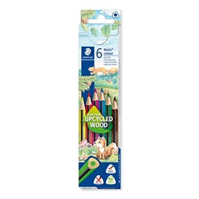 Abbildung von STAEDTLER Buntstifte Noris colour, ergonomisches Dreikantformat, rutschfeste Soft Oberfläche, hohe Bruchfestigkeit, Made form Upcycled Wood, 6 Farbstifte im Kartonetui, 187 C6, Stück (1er Pack)