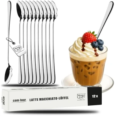 Abbildung von com four® 12x Latte Macchiato Löffel aus Edelstahl Barlöffel Longdrinklöffel Lange für Kaffe Spezialitäten Eislöffel Cocktaillöffel (12 Stück 20.5cm)