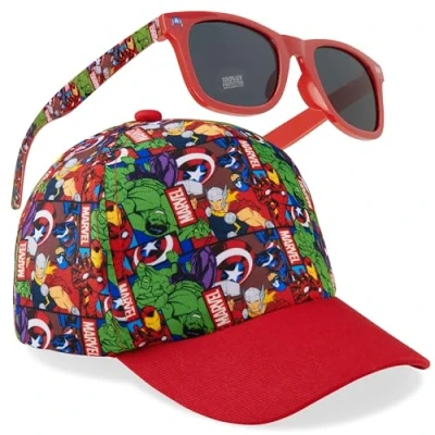 Abbildung von Marvel Sonnenhut Kinder Baseball Cap und Sonnenbrille Set Avengers Kappe Jungen Mütze Sommer Zubehör Einheitsgröße Verstellbarer Riemen Geschenke für (Rot/Multi)