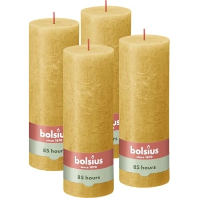 Abbildung von Bolsius Rustik Stumpenkerzen Ockergelb Set 4 Stück Dekorative Haushaltkerzen Länge Brenndauer 85 Stunden Unparfümierte Natürliches Pflanzenwachs Ohne Palmöl 19 x 7 cm