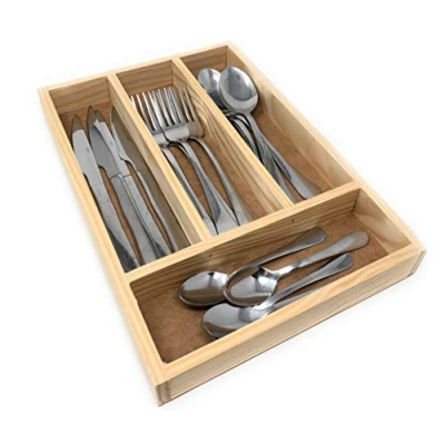 Abbildung von Space Home Besteckschublade aus Holz Besteckeinsätze 4 Fächer Organizer Besteckkasten fur Schubladen Küchenorganizer 32 x 22 3,5 cm