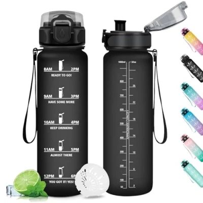 Abbildung von KollyKolla Trinkflasche 1L, Sport Wasserflasche mit Filter, Auslaufsicher, Motivierende Zeitmarkierung, für Fitness, Camping, Fahhrad, Outdoor, Erwachsene