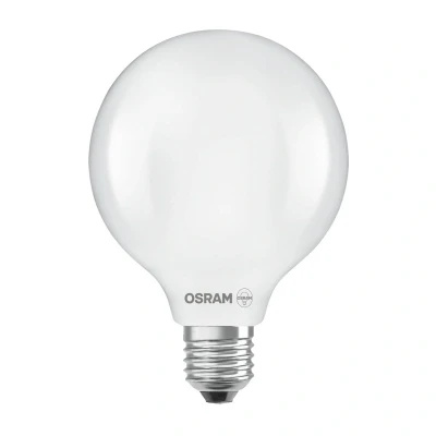 Abbildung von Osram LED Lampe in klassischer Globeform, mit dekorativem Filament, Energieeffizienzklasse A, E27, 7.2 W, 1521 lm, 4000 K, kaltweiß. Ohne Aufwärmen, sofort 100% Licht.