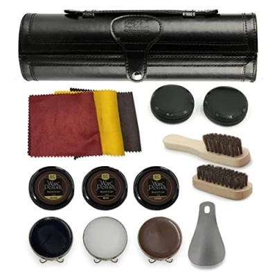 Abbildung von Stone and Clark 12 teiliges Schuhcreme &amp; Pflegeset aus Leder mit braunem Wachs, Schuhbürsten zum Polieren, kompaktes Schuhputzset Rosshaarbürsten PU, klassisches schwarz