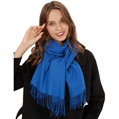 Abbildung von MaaMgic Schal Damen Warm Winter Herbst unifarben Baumwolle mit quasten/fransen, 40+ Farben Einfarbig &amp; Kariert Pashmina xl Stola Schals MEHRWEG,Königsblau