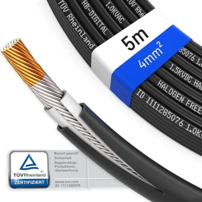 Abbildung von hb digital 5m Solarkabel 4mm² H1Z2Z2 K TÜV zertifiziert UV beständig flexibel PV Kabel Reines Kupfer 1500V Verlängerungskabel Photovoltaik für Solarpanel Wechselrichter Laderegler schwarz