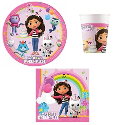 Abbildung von Procos PRO10245291DY Partyset S Gabby&#039;s Dollhouse, 52 teiliges Set, Teller, Becher, Servietten, Einweggeschirr, Geschirrset