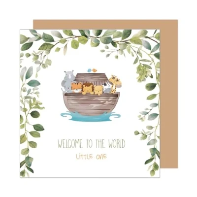 Abbildung von Edition Seidel Premium quadratische Glückwunschkarte zur Geburt mit Umschlag. Karte Grußkarte Babykarte Billet Hello Baby Kind Junge Mädchen Arche Tiere Little One (EQ114 SW024)