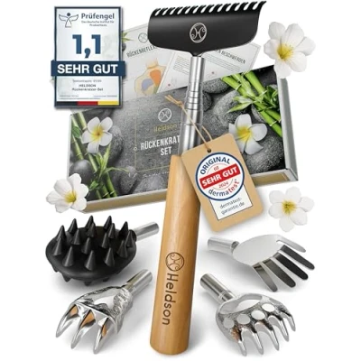 Abbildung von HELDSON® Rückenkratzer Holz EXTRA STABIL [6 Kratzvarianten] Kratzhand Teleskop ausziehbar Back Scratcher Rücken Massage Kratzer Geschenk für Senioren, Frauen &amp; Männer