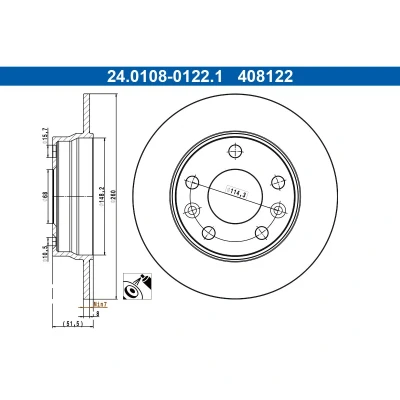 Abbildung von ATE Bremsscheibe RENAULT: Megane 4, Captur II 260,0mm 8,0mm 5 114,3mm voll 24.0108 0122.1 Bremsscheiben, Scheibenbremsen