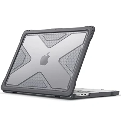 Abbildung von Fintie Hülle Kompatibel mit MacBook Pro 14 Zoll A2992 A2918 A2779 A2442 M3 M2 M1 Pro/Max (2023 2021), Ganzkörper Rugged Hybrid Schutzhülle TPU Stoßstange Case, Grau (Klar)
