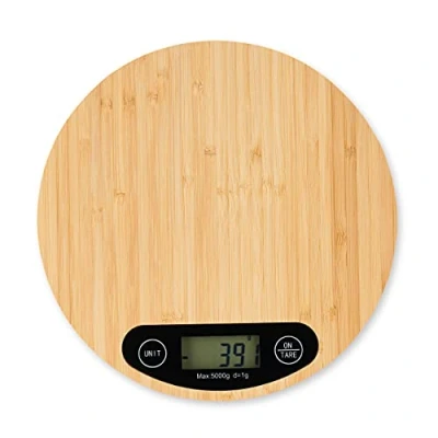Abbildung von Relaxdays Digitale Küchenwaage aus Bambus, LCD Anzeige, Tara Funktion, Tragkraft 5 kg, runde Digitalwaage, Durchmesser 20 cm, Naturfarben, 2 x cm