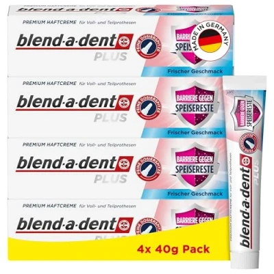 Abbildung von Blend a dent Plus Barriere Gegen Speisereste Premium Haftcreme Frisch, für Voll und Teilprothesen, frischer Minzgeschmack, Made in Germany, 4x 40g Pack