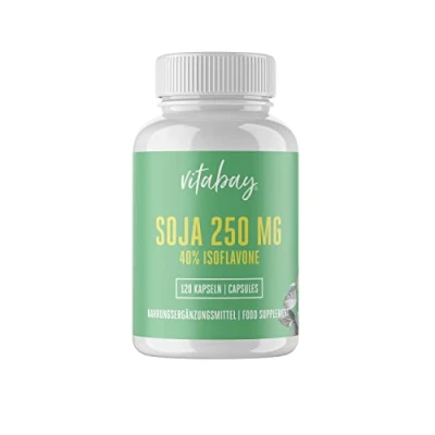 Abbildung von Vitabay Sojabohnenextrakt 250mg pro Kapsel Aus echtem Soja enthält 40% Isoflavone Vorteilspackung mit 120 Kapseln Ohne Zusatzstoffe und 100% vegan Pharmaqualität