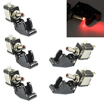 Abbildung von Mintice 5 X KFZ Auto Boot Rot LED Licht Schalter SPST EIN/AUS Wippenschalter Kippschalter 3 polig 12V 20A Kohlefaser