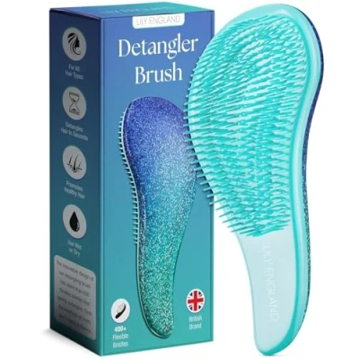 Abbildung von Haarbürste ohne Ziepen Die Perfekte Detangler Bürste für Locken, Glattes, Dickes, Dünnes Haar Kinder und Damen Lily England Entwirrbürste Lange Haare Kurze (Blau Glitter)
