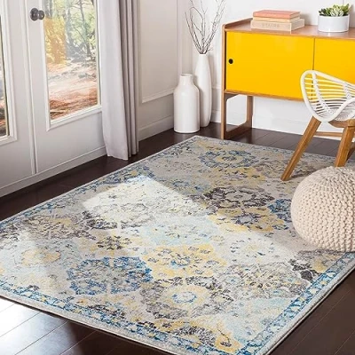 Abbildung von Surya Sicily Vintage Teppich groß Wohnzimmer 120x170cm, Esszimmer, Schlafzimmer Orientalischer Boho Style Carpet Living Room, Bunter Muster, Blau, Senfgelb, Schwarz