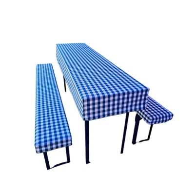 Abbildung von Bierzeltgarnitur Auflage (3er Set) aus 1x Tischdecke und 2X Bierbankhussen. Größe Farben wählbar. (110 x 60 cm, Blau kariert)