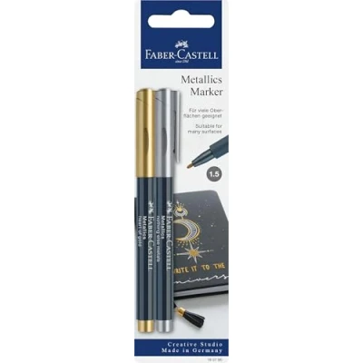 Abbildung von FABER CASTELL 160796 Metallics Marker mit Faserspitze, 1,5 mm Strichstärke, für viele Oberflächen geeignet, Metalliceffekt in gold und silber, 2er Set
