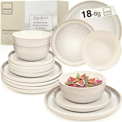 Abbildung von SÄNGER Key West Steingut Geschirr Set 18 tlg, Teller 6 Personen, Geschirrset 6x Speiseteller Müslischalen Dessertteller, Tafelservice Creme mit sandiger Maserung VALUE COLLECTION