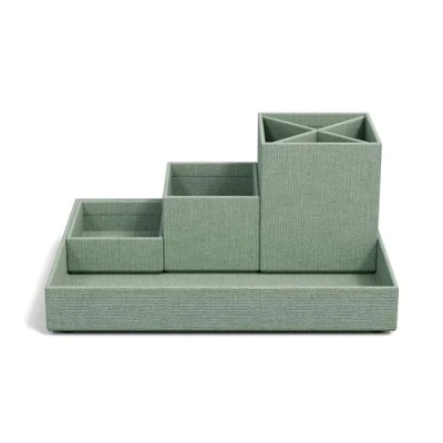 Abbildung von Bigso Box of Sweden LENA Schreibtisch Organizer für Stifte, Büroklammern, Haftnotizen usw. Sortierkasten mit 4 Fächern Ordnungssystem aus Faserplatte und Papier in Leinenoptik mintgrün