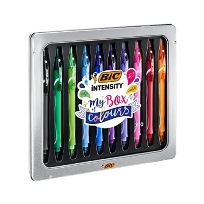Abbildung von BIC Gel ocity Quick Dry Tintenroller Stifte Set, Gelstifte in 10 verschiedenen Farben, Geschenkbox aus Metall, Mittlerer Spitze (0,7 mm), My Box of Colours