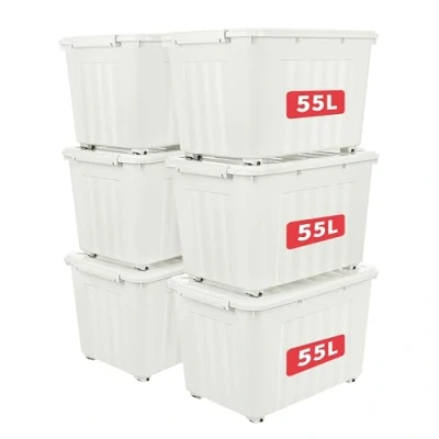 Abbildung von Cetomo 55L*6 Aufbewahrungsboxen mit Deckeln, Kunststoff Aufbewahrungsbox Rollen und Clips, Kunststoffbox für Zuhause Büro, BPA frei, Nestbar, Stapelbar, Weiß, 55L 6er Pack