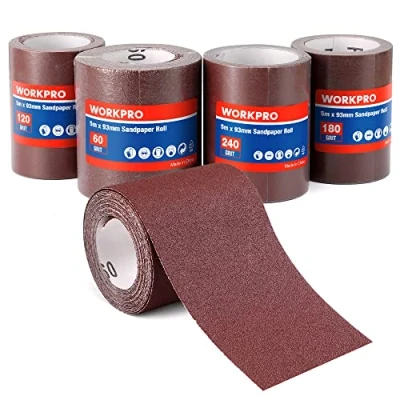 Abbildung von WORKPRO Schleifpapierrollen, 4 Schleifpapier Rollen 93 mm x 5 m, Körnung 60/120/180/240, für Handschleifer, Schwingschleifer, Schmirgelpapier Holz, Metall, Farbe