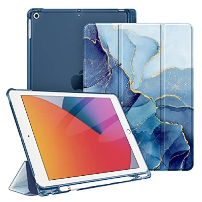 Abbildung von Fintie Hülle für iPad 9. Generation 2021/8. Gen 2020/7. 2019 10.2 Zoll mit Stifthalter, ultradünne leichte Schutzhülle transparenter Rückseite und Auto Schlaf/Wach Funktion, Marmor Blau