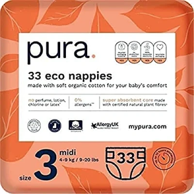 Abbildung von Pura Öko Windeln Größe 3 (Midi 4 9 kg), 33 (1 Packung), mit EU Ecolabel Zertifiziert, für Empfindliche Haut, aus Bio Baumwolle, Geruchsfrei, Hypoallergen, 12 Stunden Auslaufschutz