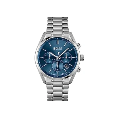 Abbildung von BOSS Herren Chronograph Quarz Uhr 44mm CHAMPION Kollektion mit Blauem Zifferblatt und Silbernem Edelstahlarmband, Datumsfunktion, 3 Hilfszifferblätter, 10ATM Wasserdichtigkeit 1513818