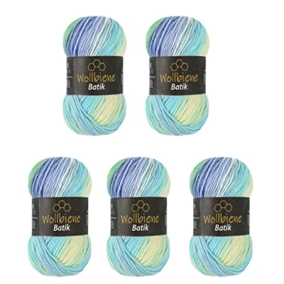 Abbildung von 5 x 100g Wollbiene Batik 500 Gramm Wolle mit Farbverlauf mehrfarbig Multicolor Strickwolle Häkelwolle (5010 blau grün aqua)