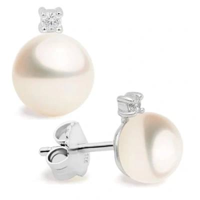 Abbildung von Frauen Perlen Ohrstecker, Süßwasserzuchtperlen Knopfform 8 9 mm mit einem kleinen Zirkonia Stein Secret &amp; You Hochwertiger Sterling Silber 925 Halterungen großen Muttern.