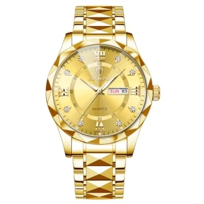 Abbildung von JewelryWe Herrenuhr Edelstahl Leuchtende Uhren: 30m Wasserdicht Kalender Analog Quarz Armbanduhr Herren Gold Edelstahlarmband Geschäft Lässige Uhr mit Römischen Ziffern Diamantskala &amp; Leuchtzeiger