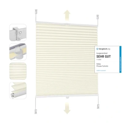 Abbildung von Sekey Plissee Klemmfix ohne Bohren 85x120cm Faltrollo Plisseerollo Jalousie für Tür &amp; Fenster Blickdicht Sichtschutz Sonnenschutz Fertifplissee Rollo 85 cm breit Beige