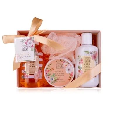 Abbildung von Accentra Duschset Frauen Geschenkset HONEY JASMINE in schöner Geschenkbox 4 teiliges Pflegeset mit Duschgel, Bodylotion, Körperbutter und Netzschwamm Geschenk Set zum Valentinstag &amp; Muttertag