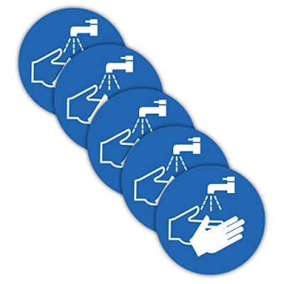 Abbildung von 5 Stück Hände desinfizieren/waschen Aufkleber Ø 9,5cm Sticker Gebotszeichen mit UV Schutz für Außen und Innenbereich von STROBO