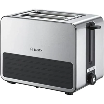 Abbildung von Bosch Kompakt Toaster TAT7S25, integrierter Edelstahl Brötchenaufsatz, mit Abschaltautomatik, Auftaufunktion, ideal für 2 Scheiben Toast, 1050W, Schwarz/Grau