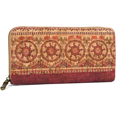 Abbildung von styleBREAKER Damen Geldbörse aus Kork mit Buntem Muster Print im Ethno Look, Reißverschluss, Portemonnaie 02040138, Farbe:Bordeaux Rot Beige