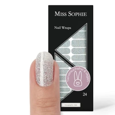 Abbildung von Original Miss Sophie Nagelfolien Holographic Halo I 24 ultra dünne Nagellack Streifen mit Glitzer in Silber Für Finger &amp; Fußnägel Hält auf Natur sowie lackierten, Acryl , Gel Shellac Nägeln