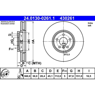 Abbildung von ATE 24.0130 0261.1 Bremsscheibe 360,0 30,0 5 112,0 Belüftet beschichtet hochgekohlt mit Schrauben BMW: X1, 1 Hatchback, X2, MINI: Clubman