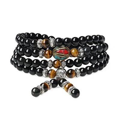 Abbildung von COAI Geschenkideen Unisex 108 Mala Armband aus Obsidian und Tigerauge Wickelarmband Gebetskette
