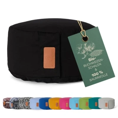 Abbildung von #DoYourYoga rundes Yogabolster waschbarer Bezug, Bio Buchweizenschalen (KBA) Füllung, 30 x 15 cm, Yoga Kissen für Yin &amp; Meditation schwarz