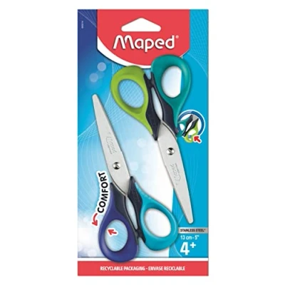 Abbildung von Maped 2 Paar Sensoft Scheren 13 cm Kinderschere mit symmetrischen Ringen innen weich Schulschere ab 4 Jahren Blau + Grün