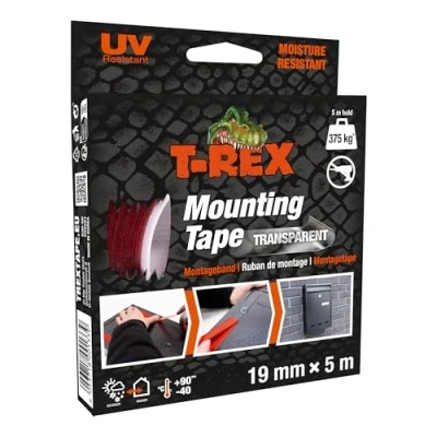 Abbildung von T Rex 830 00 Mounting Tape Doppelseitiges Klebeband extra stark Dauerhafte Anwendungen ohne Bohren oder Schrauben hält bis zu 375kg 19mm x 5m
