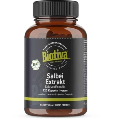 Abbildung von Salbei Extrakt Bio 120 Kapseln Salvia 400mg vegan ohne Trennmittel Abgefüllt und kontrolliert in Deutschland (DE ÖK 005) Biotiva