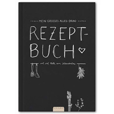 Abbildung von Großes Alles Drin XXL Rezeptbuch in A4 zum Selberschreiben DIY Kochbuch, Backbuch schreiben, Tafel Design Schwarz Weiß, FSC Papier, Premium Hardcover, robuste Bindung, 21 x 30 cm
