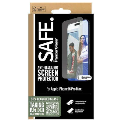 Abbildung von Apple iPhone 16 Pro Max Panzerglas PanzerGlass SAFE EyeCare Screenprotector Ultra Wide Fit Screen Protector mit