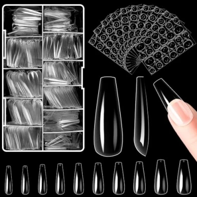Abbildung von Alyvisun Ballett Nagelspitzen, 500 Stück Full Cover Acryl Nail Tips mit 240 Klebenagel Sticker Set, 10 Größen Klare für Gelnägel Soft Gel Nagel Ballerina Nageltips